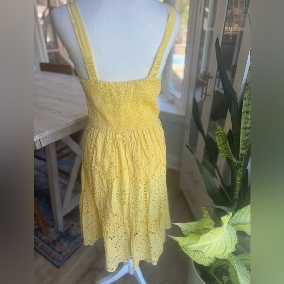 Japna Eyelet Cotton Sundress with Smocked Back & Ruffle Hem Yellow Dress S - Picture 4 of 8